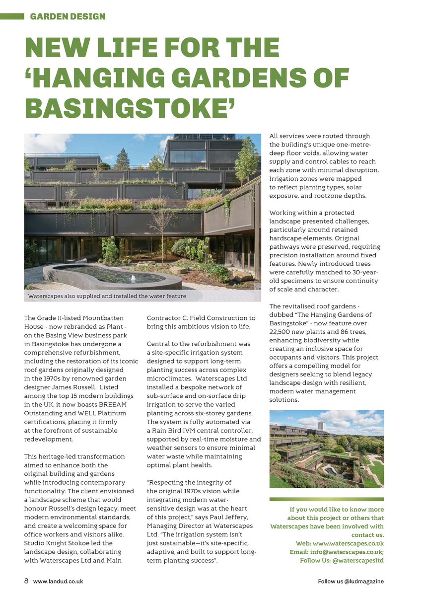 Great to appear on the front cover and have editorial within the May/June edition of Landscape and Urban Design magazine showcasing our work at the magnificent Plant building in Basingstoke. Water feature &amp; irrigation system completed 👊🏻