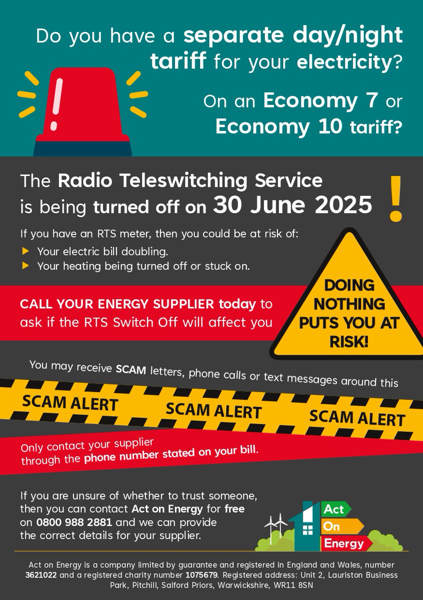 Less than 8 weeks until the RTS Switch Off! If you don't switch before the end of June then you could risk doubling (or tripling) your heating bill!

Read through what RTS is and what to do if you have an RTS meter here:
actonenergy.org.uk/.../rts-what-y…
#rtsswitchoff #rts