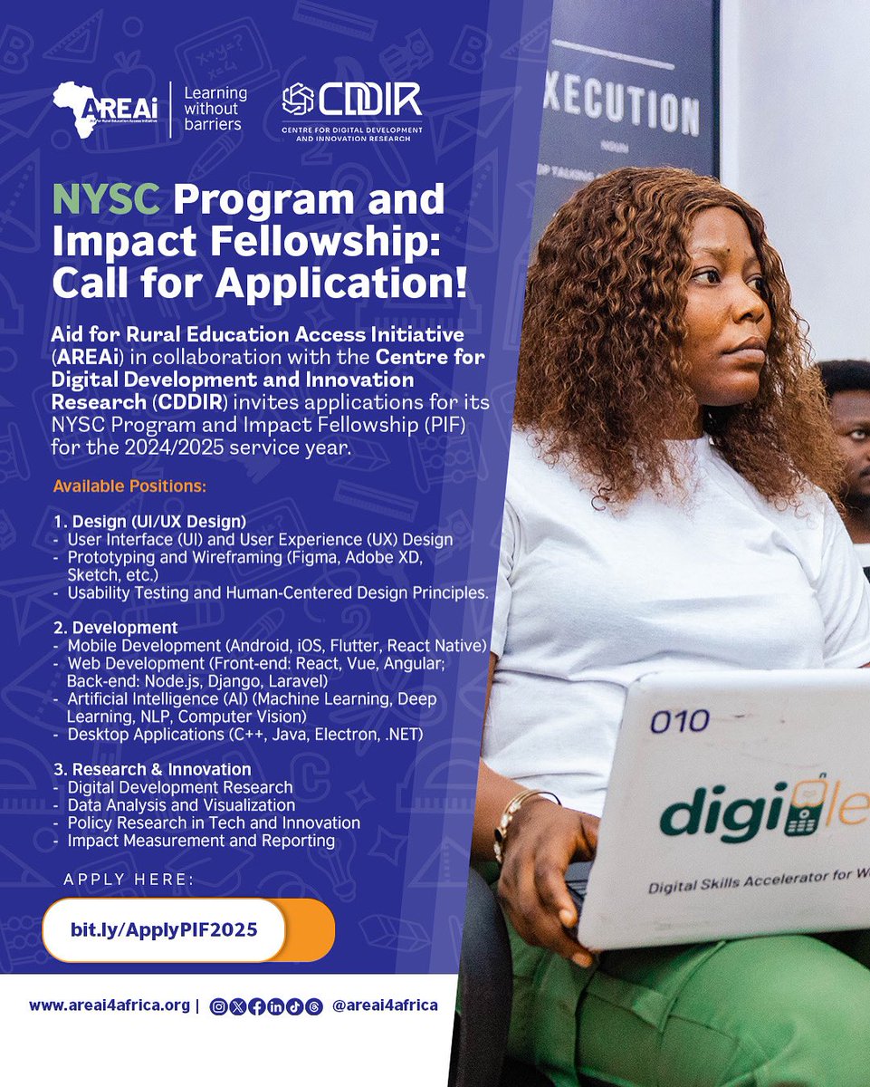 Are you a passionate and innovative NYSC (National Youth Service Corps) member with skills in design, development, or research who resides and serves in Abuja?

Do you want to gain more hands-on experience, work on impactful projects, and contribute to technological advancement?