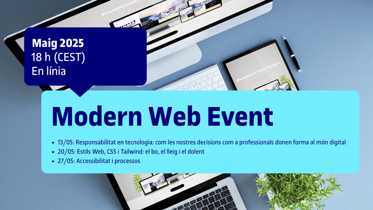 UOC: Informática, Multimedia y Telecomunicación (@uoceimt) on Twitter photo 📣🤩Torna el #ModernWebUOC!
✅Un esdeveniment gratuït dirigit a totes les persones que vulguin aprendre sobre les noves tecnologies #web.
👇Tres sessions:
🗓️13/05: Responsabilitat en tecnologia, amb Nora Ferreirós
🗓️20/05: Estils Web, CSS i Tailwind, amb <a href="/alvaro_montoro/">Álvaro Montoro</a> 📣🤩Torna el #ModernWebUOC!
✅Un esdeveniment gratuït dirigit a totes les persones que vulguin aprendre sobre les noves tecnologies #web.
👇Tres sessions:
🗓️13/05: Responsabilitat en tecnologia, amb Nora Ferreirós
🗓️20/05: Estils Web, CSS i Tailwind, amb <a href="/alvaro_montoro/">Álvaro Montoro</a>