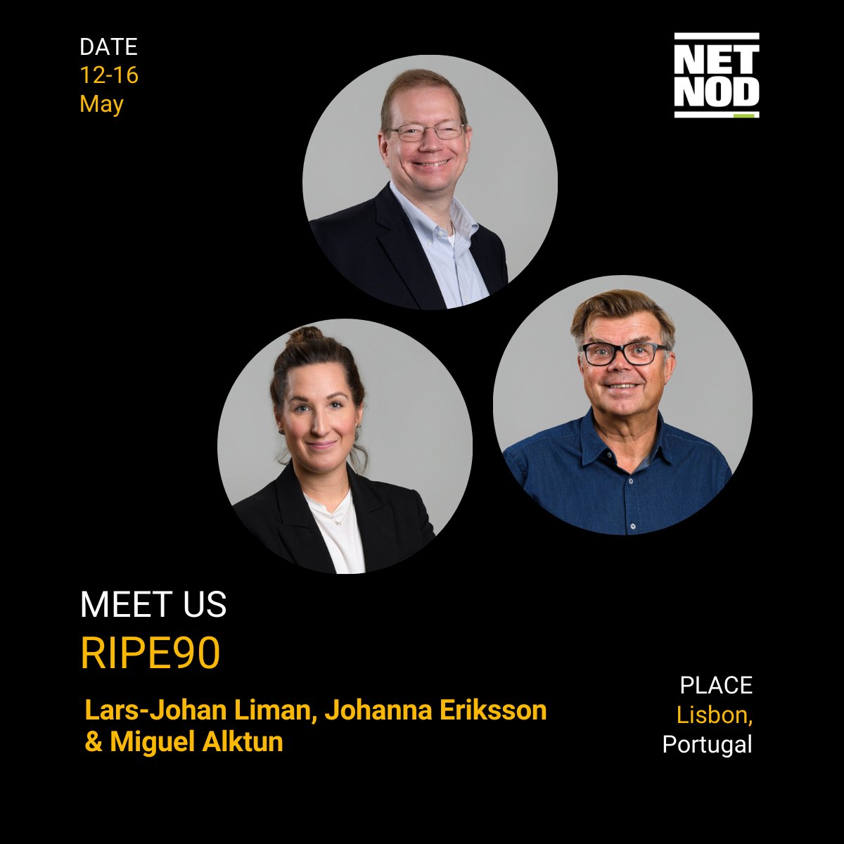 Netnod is heading to #RIPE90!
Lars-Johan Liman, Miguel Alktun and Johanna Eiksson from Netnod are heading to Lisbon for RIPE 90 next week.
Want to catch up over coffee? Let’s connect during the week — always great to meet familiar (and new!) faces.