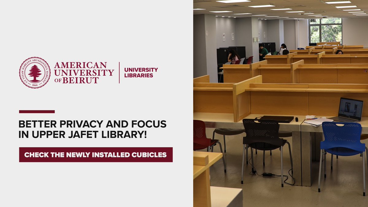 AUB Libraries (@aublibraries) on Twitter photo New Update | Quiet Zone, Upper Jafet
More privacy, more focus!
Weโve added new table separators in the Reserve Reading Room (Quiet Zone) at Upper Jafet to make your study sessions more comfortable and distraction-free.
<a href="/AUB_Lebanon/">American University of Beirut</a> <a href="/aubleb_osa/">AUB Office of Student Affairs</a> New Update | Quiet Zone, Upper Jafet
More privacy, more focus!
Weโve added new table separators in the Reserve Reading Room (Quiet Zone) at Upper Jafet to make your study sessions more comfortable and distraction-free.
<a href="/AUB_Lebanon/">American University of Beirut</a> <a href="/aubleb_osa/">AUB Office of Student Affairs</a>