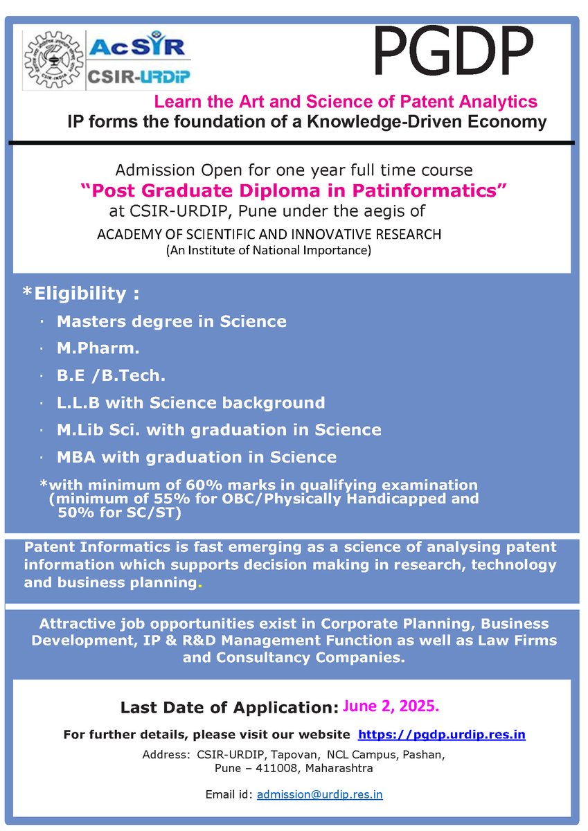 CSIR- URDIP (@patinformatics) on Twitter photo Admission for one year full time Post Graduate Diploma in Patinformatics (PGDP) for 2025-26 is now open.
#patent #patinformatics
<a href="/iiscbangalore/">IISc Bangalore</a> <a href="/KIITUniversity/">KIIT - Kalinga Institute of Industrial Technology</a> <a href="/iic_cujranchi/">iic.cuj.ac.in</a> <a href="/HRDG_CSIR/">HRDGCSIR</a> <a href="/NCMR_Pune/">National Centre for Microbial Resource</a> <a href="/ClusterPune/">Pune Knowledge Cluster</a> <a href="/SinhgadCollege/">Sinhgad Institutes</a> Admission for one year full time Post Graduate Diploma in Patinformatics (PGDP) for 2025-26 is now open.
#patent #patinformatics
<a href="/iiscbangalore/">IISc Bangalore</a> <a href="/KIITUniversity/">KIIT - Kalinga Institute of Industrial Technology</a> <a href="/iic_cujranchi/">iic.cuj.ac.in</a> <a href="/HRDG_CSIR/">HRDGCSIR</a> <a href="/NCMR_Pune/">National Centre for Microbial Resource</a> <a href="/ClusterPune/">Pune Knowledge Cluster</a> <a href="/SinhgadCollege/">Sinhgad Institutes</a>