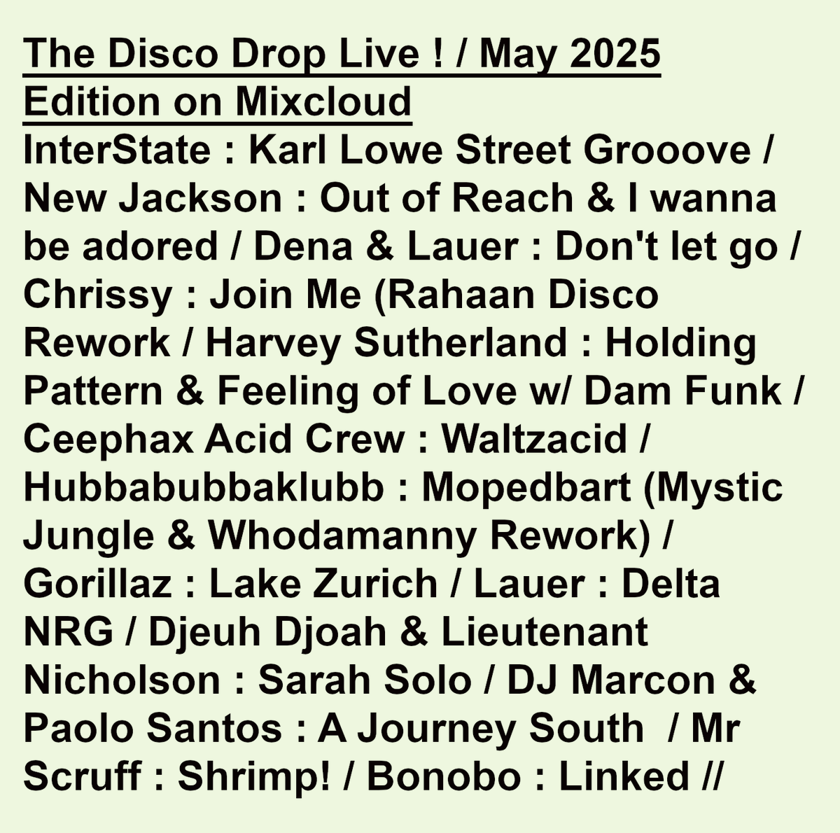 This month's Disco Drop is up on Mixcloud. Deep House Funk Electronic Beds Bath AND Beyonce. dig in here mixcloud.com/louchenightout…