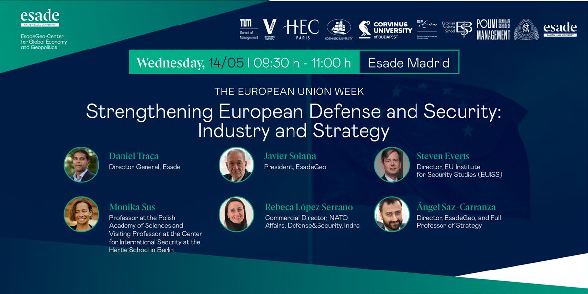 EsadeGeo (@esadegeo) on Twitter photo 📢 Join us at The European Union Week for a crucial discussion on Europe’s defense & security strategy and the role of the private sector.
🗓️ May 14 | 🕘 09:30
📍 Esade Madrid
🎙️ With <a href="/sbeverts/">Steven Everts</a>, <a href="/SusMonika/">Monika Sus</a>, R. López & <a href="/asazca/">angel saz-carranza</a>
RSVP here 👉 esade.me/EuropeanUnionW… 📢 Join us at The European Union Week for a crucial discussion on Europe’s defense & security strategy and the role of the private sector.
🗓️ May 14 | 🕘 09:30
📍 Esade Madrid
🎙️ With <a href="/sbeverts/">Steven Everts</a>, <a href="/SusMonika/">Monika Sus</a>, R. López & <a href="/asazca/">angel saz-carranza</a>
RSVP here 👉 esade.me/EuropeanUnionW…
