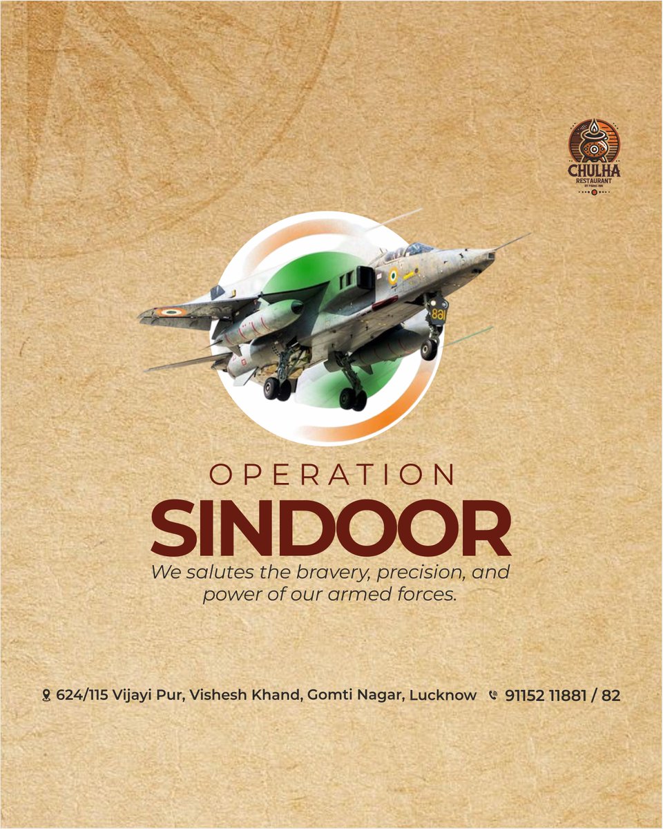 ChulhaLucknow's tweet photo. Flavors that honor the fearless. Chulha salutes the heroes of Operation Sindoor — courage served with pride.

📍 Gomti Nagar, Lucknow
📞 Call Now: +91 9115211881 / 82

#ChulhaRestaurant #OperationSindoor https://t.co/RNvPwvNpdR