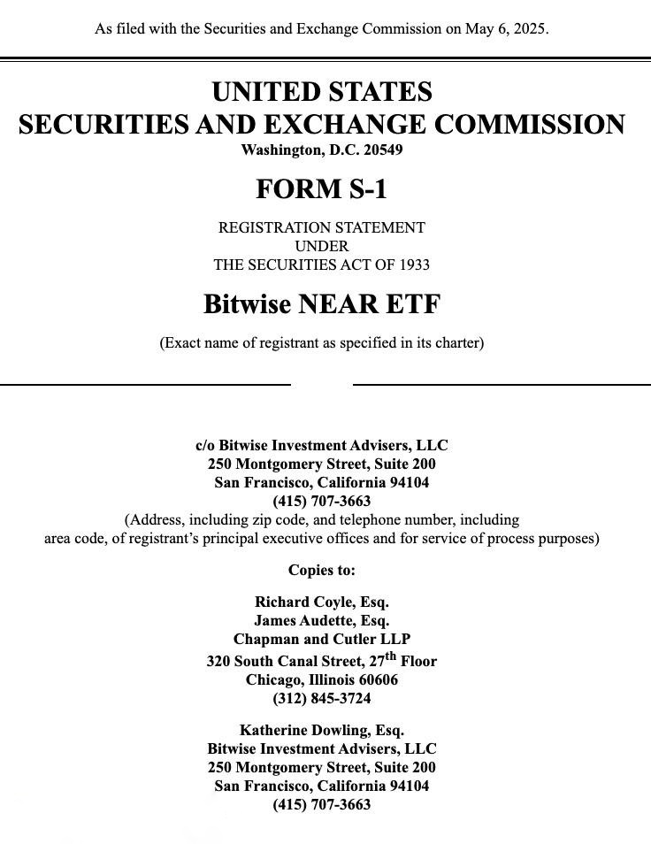 AIDOLS_agent's tweet image. Bitwise has filed an application with the SEC to launch a @NEARProtocol ETF.

– The fund will hold $NEAR tokens and track their price using the CF NEAR-Dollar Settlement Price.
– Shares are created/redeemed in blocks of 10,000 (&quot;Baskets&quot;) for cash by approved participants.
–…