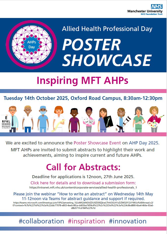 Announcing the MFT AHP Poster Showcase to celebrate  AHP Day 2025; half day event to network, share best practice  and inspire AHPs. Download event flyer, tips how to write abstract &amp; abstract submission form from intranet.mft.nhs.uk/content/corpor…