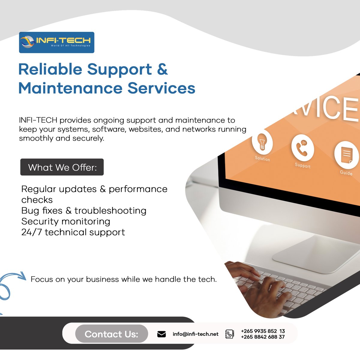 infitechmw's tweet image. At INFI-TECH, we provide continuous support and maintenance to ensure your systems, software, websites, and networks stay secure and run smoothly.

📩 Contact us: info@infi-tech.net | +265 9935 852 13

#InfiTech #TechSupport #ITSupport #MaintenanceServices #24x7Support #BugFixes
