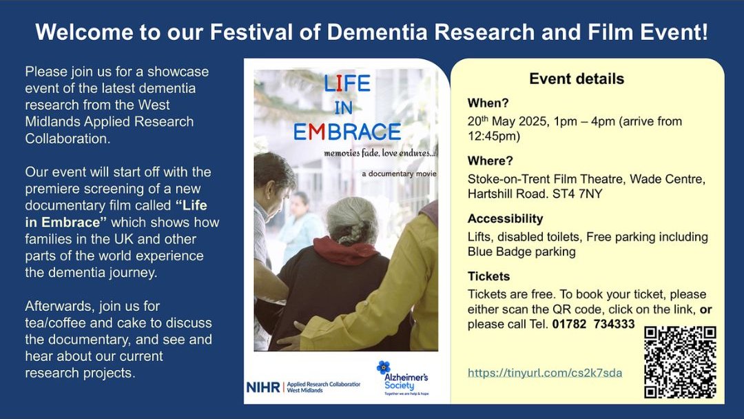 Healthwatch Staffs (@hwstaffordshire) on Twitter photo Next week is Dementia Awareness Week.
@nihr_research <a href="/alzheimerssoc/">Alzheimer's Society</a> would like to welcome you to their Festival of Dementia Research and Film Event - presenting a new documentary film called 'Life in Embrace'. Would you like to attend? Please see below for more information Next week is Dementia Awareness Week.
@nihr_research <a href="/alzheimerssoc/">Alzheimer's Society</a> would like to welcome you to their Festival of Dementia Research and Film Event - presenting a new documentary film called 'Life in Embrace'. Would you like to attend? Please see below for more information