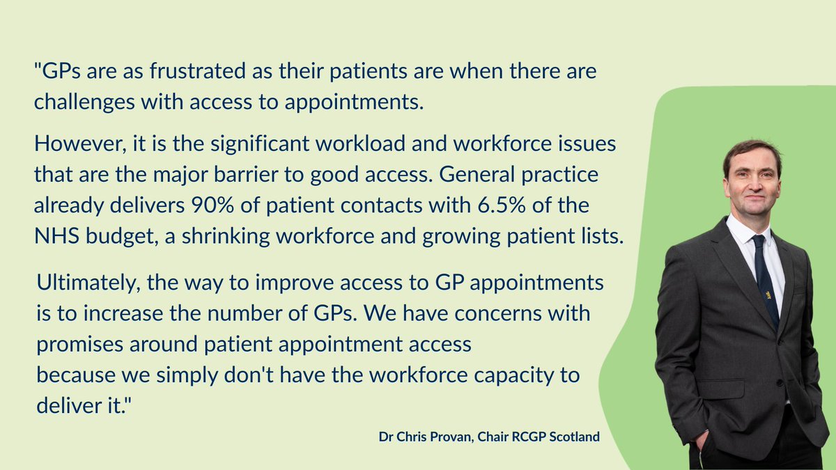 RCGP Scotland (@rcgpscotland) on Twitter photo Yesterday the First Minister's Programme for Government #PfG put general practice front and centre.
It pledges an extra 100,000 appointments in GP surgeries. We'll work with the <a href="/scotgov/">Scottish Government</a> to understand how practices will be supported to deliver this amid major pressures. Yesterday the First Minister's Programme for Government #PfG put general practice front and centre.
It pledges an extra 100,000 appointments in GP surgeries. We'll work with the <a href="/scotgov/">Scottish Government</a> to understand how practices will be supported to deliver this amid major pressures.