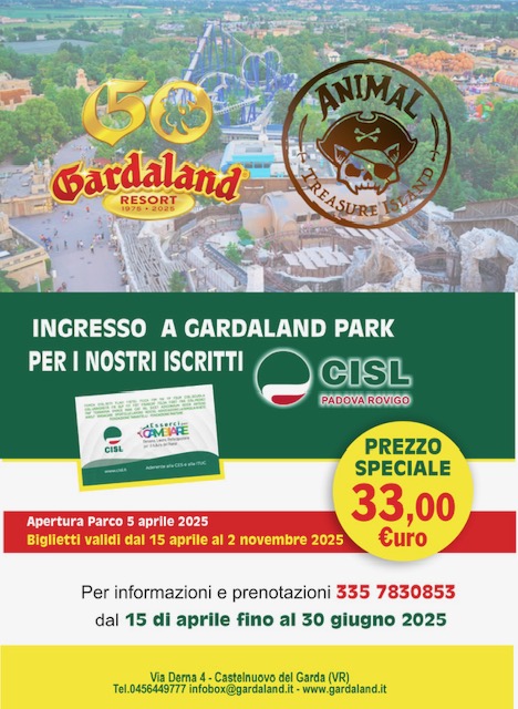 Cisl Padova Rovigo (@cislpdro) on Twitter photo Un’opportunità dedicata agli iscritti alla <a href="/CislPdRo/">Cisl Padova Rovigo</a> . Viene riproposta la convenzione con Gardaland, con biglietti a prezzi agevolati fino al 2 novembre.
Tutte le informazioni nella locandina. Un’opportunità dedicata agli iscritti alla <a href="/CislPdRo/">Cisl Padova Rovigo</a> . Viene riproposta la convenzione con Gardaland, con biglietti a prezzi agevolati fino al 2 novembre.
Tutte le informazioni nella locandina.