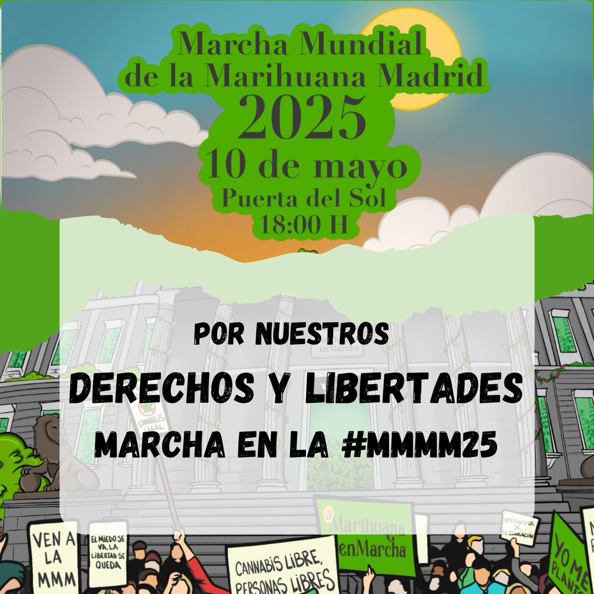 ✊ Por nuestros derechos y libertades.
🔥 Marcha en la #MMMM25
Este 10 de mayo, Madrid se planta.
#MarchaMarihuanaMadrid #CannabisConDerechos