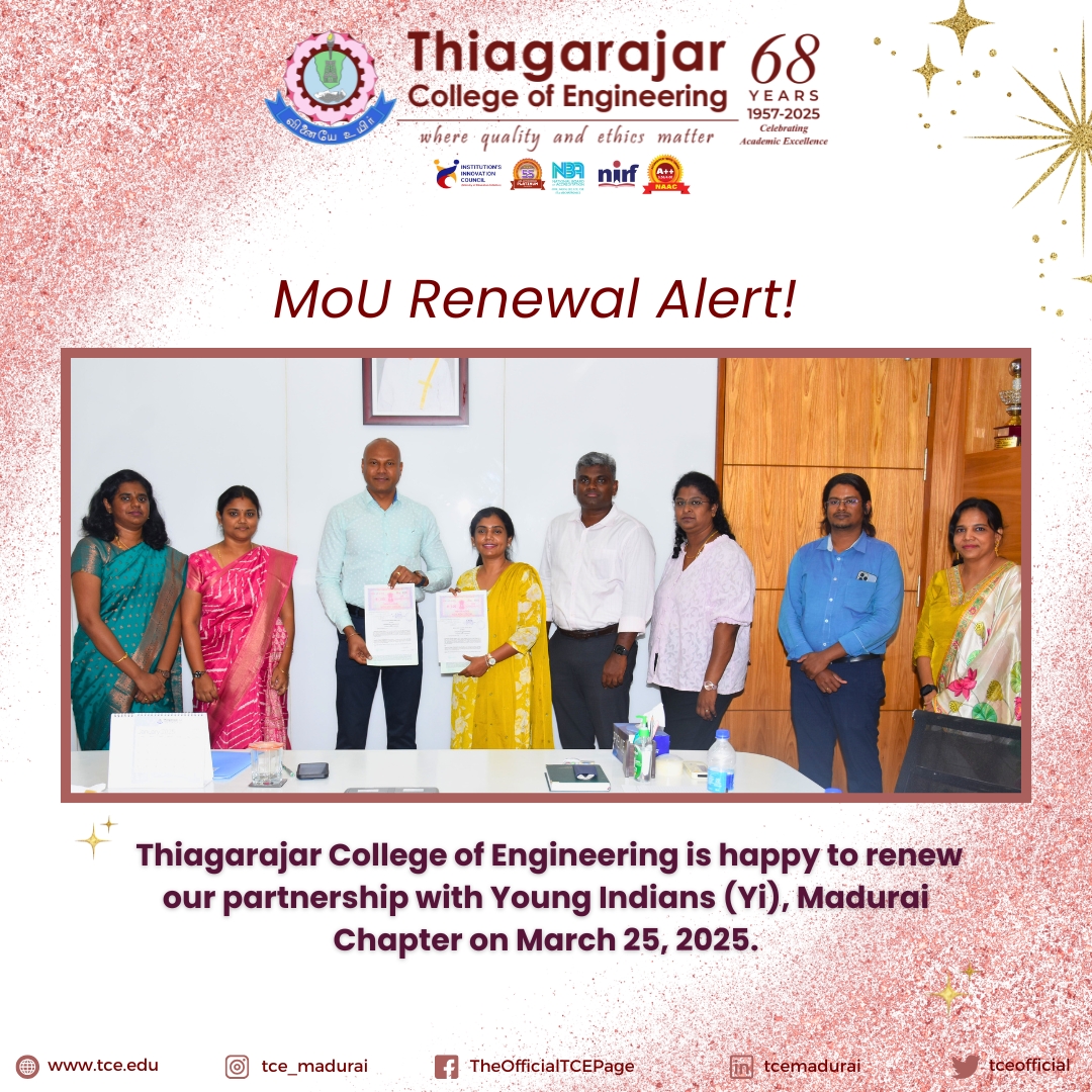 tceofficialpage's tweet image. 🤝 TCE renewed its MoU with Young Indians (Yi)—Madurai Chapter on March 25, 2025, reinforcing our commitment to student leadership, empowerment, and community engagement. 
#TCEConnect #YiMadurai
