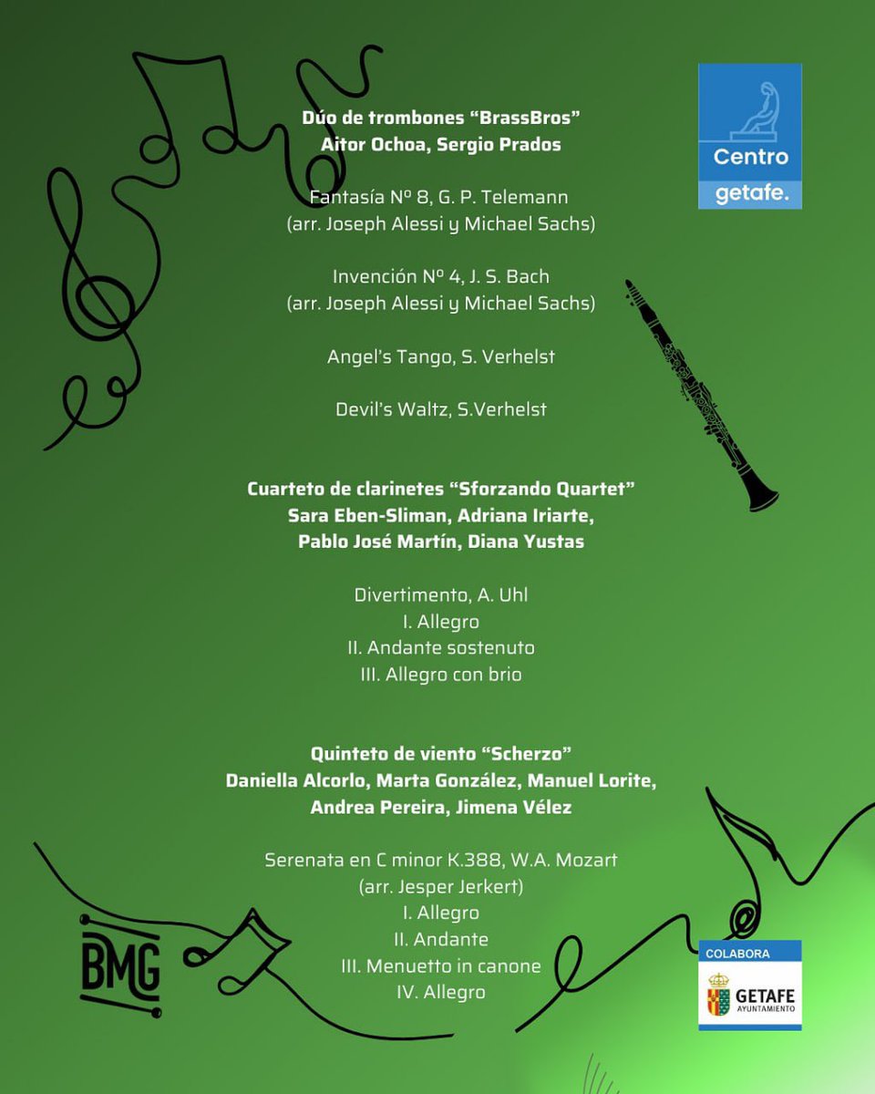Maratón de Música de Cámara, un evento único para disfrutar de pequeñas formaciones musicales compuestas por integrantes de la BMG. 🎶

🕖 Sábado 10 de mayo a las 19:00 h
📍 Espacio Mercado (Plaza de la Constitución, 6 – Getafe)

🎟Entrada libre
#TúhacesBanda #BMG #Getafe #Música