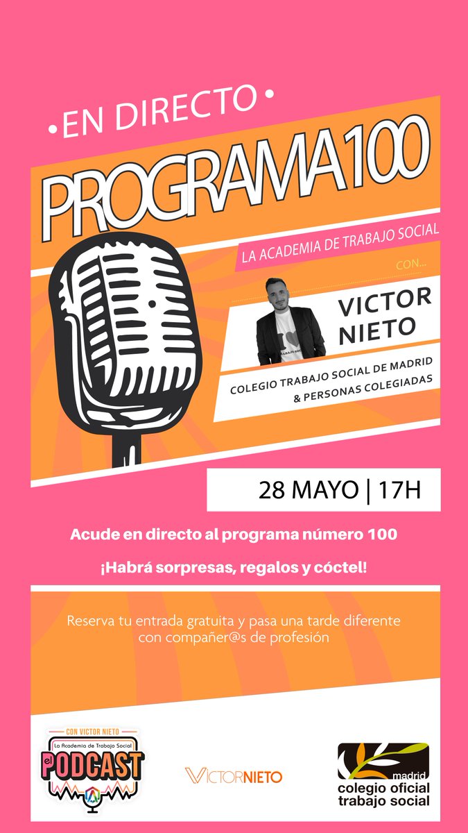 🎙️ El próximo 28 de mayo grabaremos, en la sede del Colegio, el podcast 100 de 'La Academia de Trabajo Social' de <a href="/VictorNietoTS/">Victor Nieto 🫶 Trabajo Social</a> 
Si quieres acudir como público apúntate en este formulario: bit.ly/4m9aICM