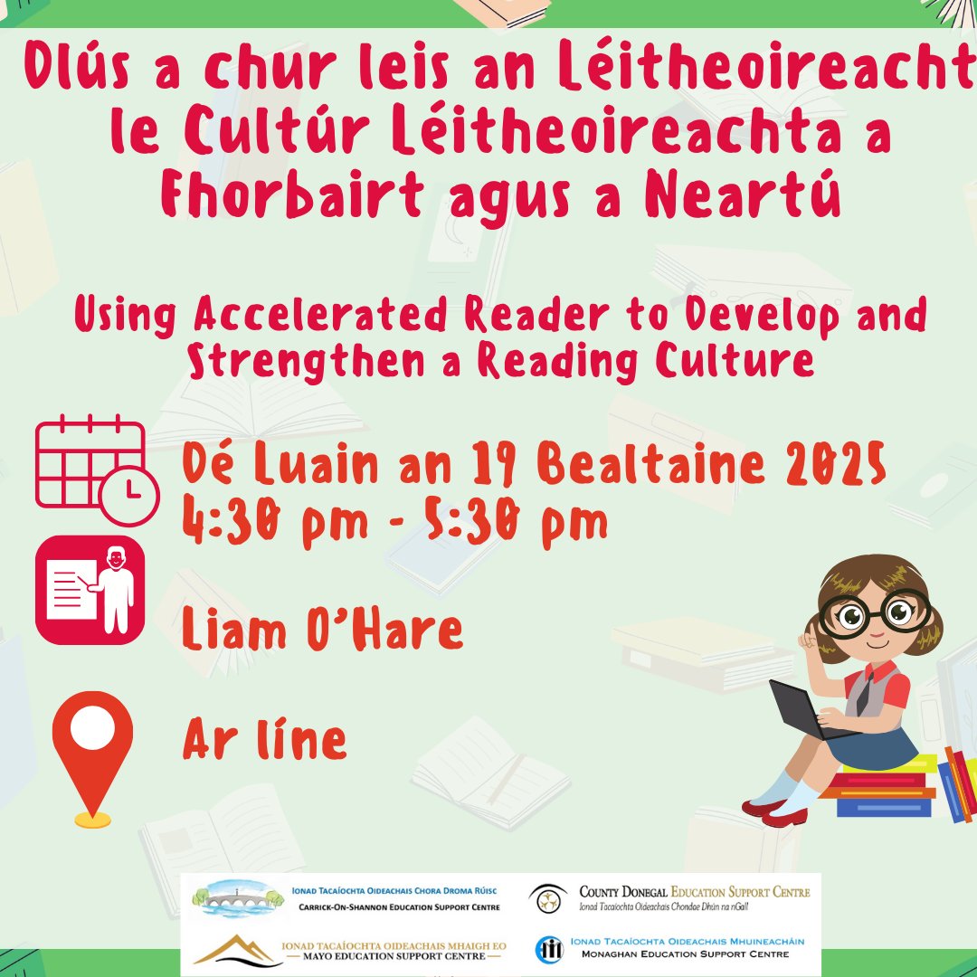 Donegal Education Support Centre (@edcentredonegal) on Twitter photo 🟥 Dlús a chur leis an Léitheoireacht le Cultúr Léitheoireachta a Fhorbairt agus a Neartú | Using Accelerated Reader to Develop and Strengthen a Reading Culture 🟥
📆 Dé Luain an 19  Bealtaine 2025
⏰ 4:30 pm
📌 Ar líne
👱 Liam O'Hare
🔗 donegaledcentre.ie/cpd-courses.ht…
<a href="/ESCItweets/">ESCI</a> 🟥 Dlús a chur leis an Léitheoireacht le Cultúr Léitheoireachta a Fhorbairt agus a Neartú | Using Accelerated Reader to Develop and Strengthen a Reading Culture 🟥
📆 Dé Luain an 19  Bealtaine 2025
⏰ 4:30 pm
📌 Ar líne
👱 Liam O'Hare
🔗 donegaledcentre.ie/cpd-courses.ht…
<a href="/ESCItweets/">ESCI</a>