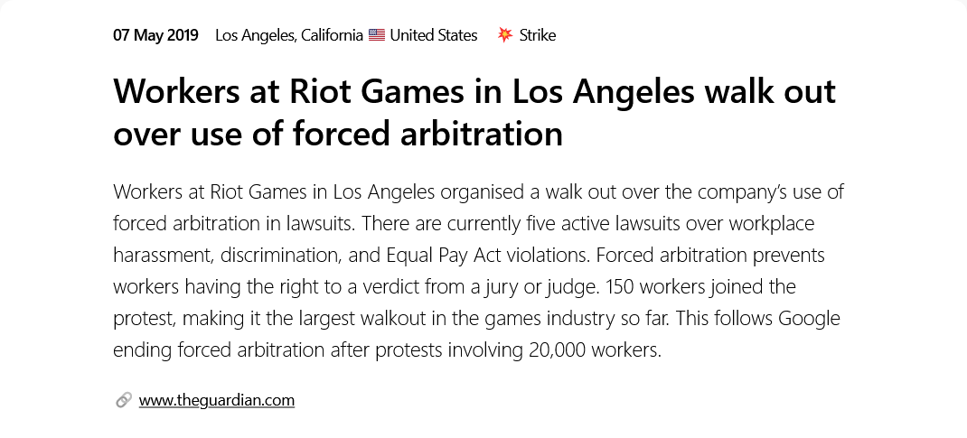 #OtD 7 May 2019 Workers at Riot Games in Los Angeles organised a walk out over the company’s use of forced arbitration in lawsuits gameworkersolidarity.com/action/2019-05…