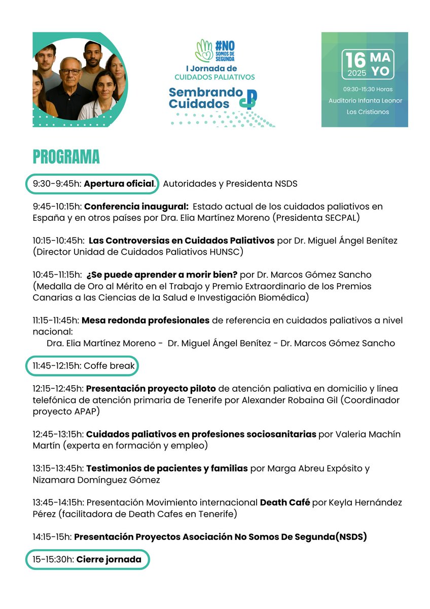 El 16 de mayo estaremos en la I Jornada de #CuidadosPaliativos 'Sembrando cuidados', organizada en Tenerife por la asociación #NoSomosDeSegunda, una iniciativa que demuestra el poder transformador de la acción ciudadana para cambiar realidades 🌱