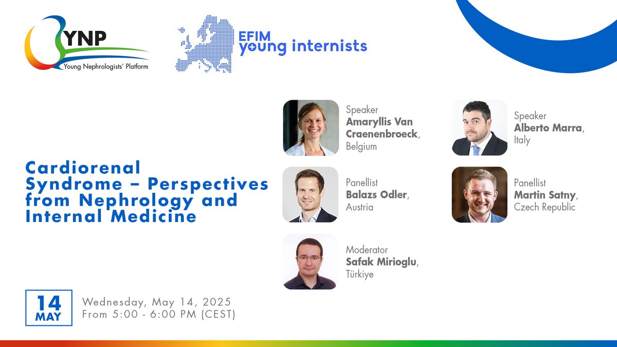 📢 Join us at the YNP &amp; EFIM joint e-seminar: *Cardiorenal  Syndrome – Perspectives from Nephrology and Internal Medicine*
📅  Wednesday, May 14, 2025, 5:00 PM (CEST)
Register now 👉 bit.ly/4jXCuQA