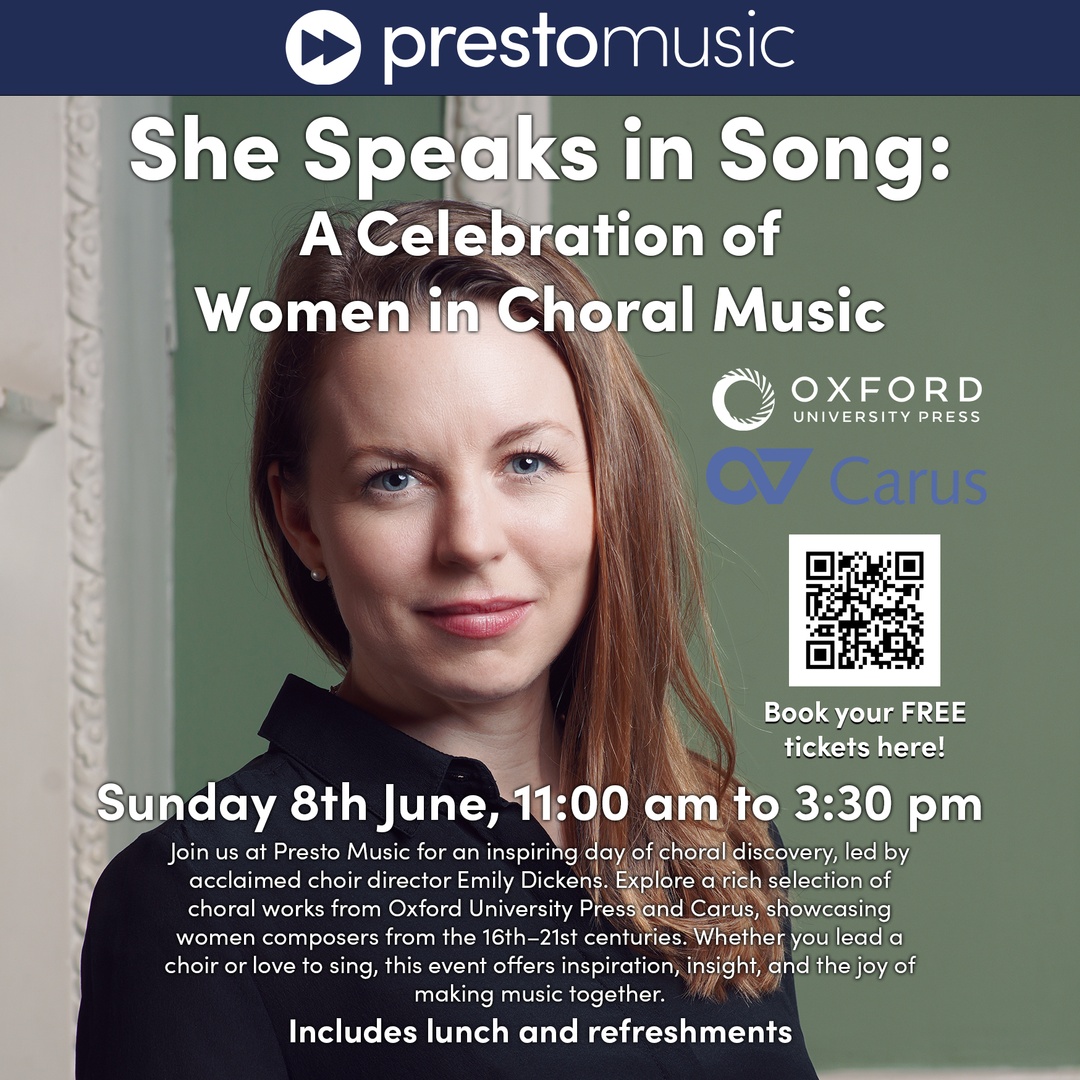 Presto Music shop (@prestoshop) on Twitter photo Join us for a day of choral singing, led by acclaimed choir director Emily Dickens. Discover a rich selection of choral works from <a href="/OxUniPress/">Oxford University Press</a> and Carus, showcasing women composers from the 16th–21st centuries.
🎟️ Book your FREE tickets here:
tinyurl.com/3ny2hrv9 Join us for a day of choral singing, led by acclaimed choir director Emily Dickens. Discover a rich selection of choral works from <a href="/OxUniPress/">Oxford University Press</a> and Carus, showcasing women composers from the 16th–21st centuries.
🎟️ Book your FREE tickets here:
tinyurl.com/3ny2hrv9