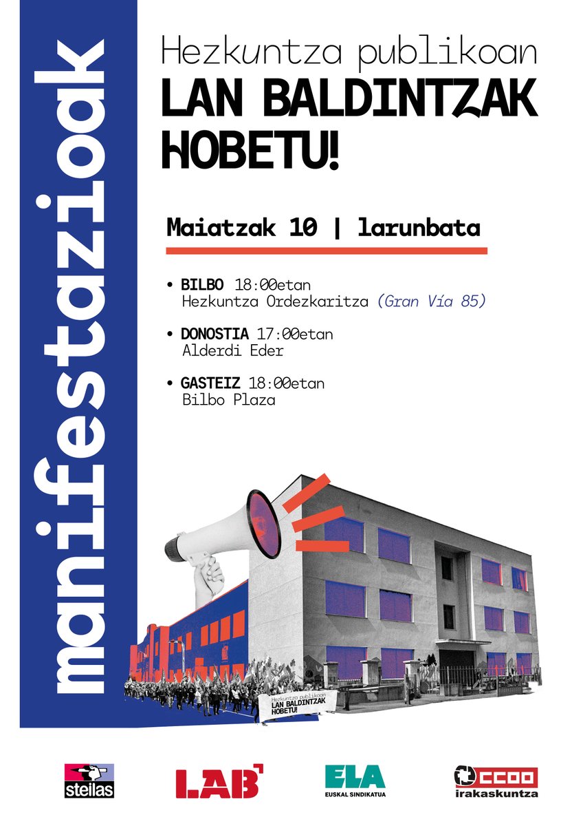 LABsindikatua's tweet image. 📢LABek maiatzaren 10eko manifestazioetara dei egiten du, Hezkuntza Sailaren itxikeria gainditzeko

🖊️Era berean, dei egiten dio hezkuntza publikoko komunitateari sindikatuok adostutako manifestuarekin bat egin dezan: labur.eus/rqqvf52t

🔗labur.eus/ozinx0ta