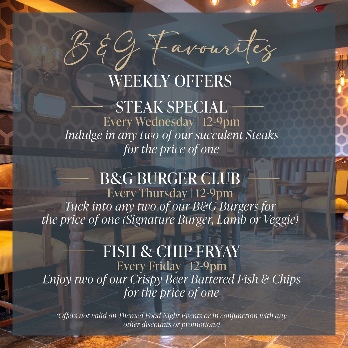 BottleGlassPub's tweet image. Indulge in your B&G favourites for less with our new weekly offers!β¨
π₯© Steak Special | Every Wednesday
π B&G Burger Club | Every Thursday
π Fish & Chip Fryay | Every Friday
Which one are you choosing? π
Book now π΄ bit.ly/3ke9bgX