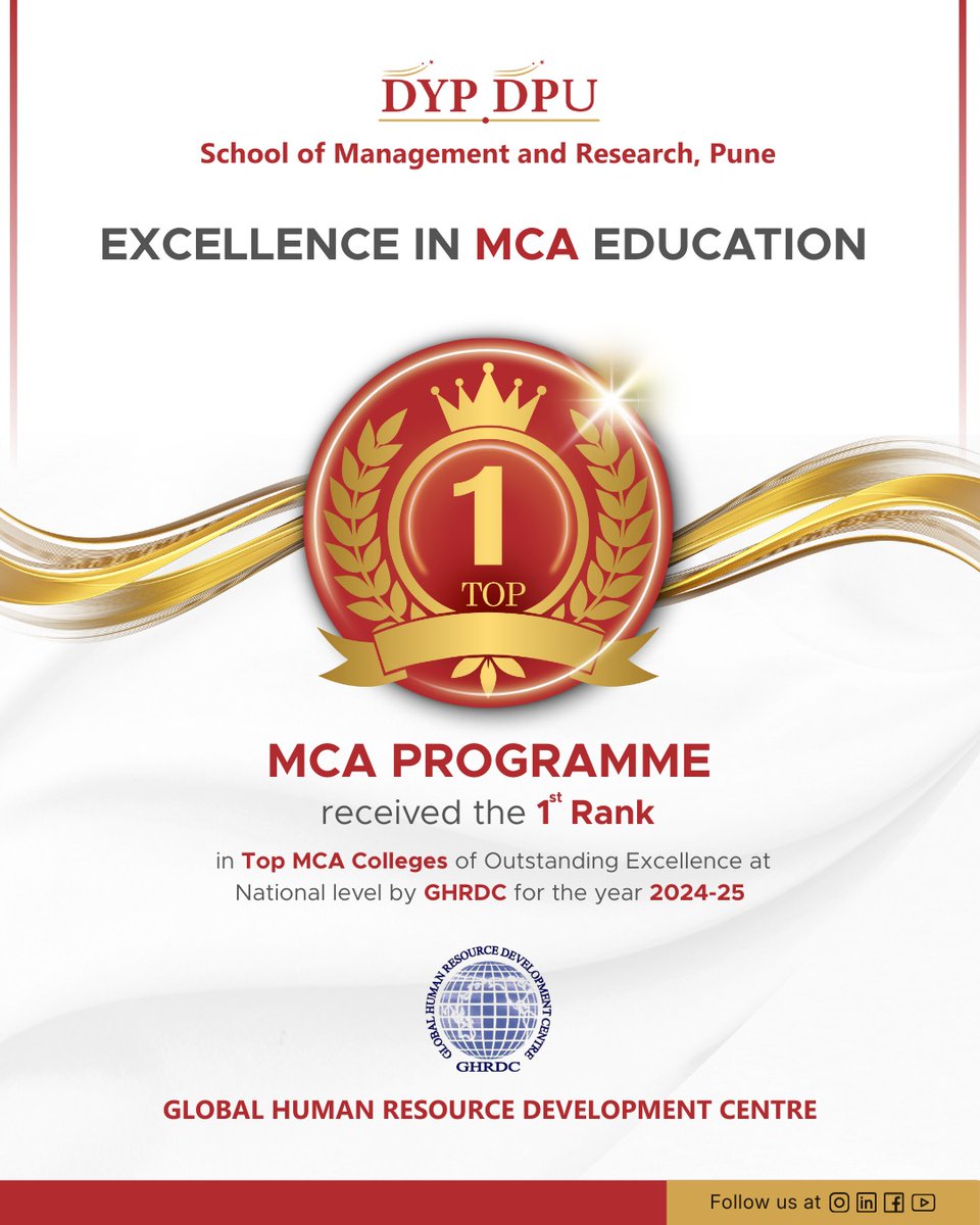 dypdpusmr's tweet image. 🥇 We’re at the Top!
Our #MCAProgramme at DYP DPU’s School of Management and Research, Pune has proudly secured the 1st Rank in India in the #Top MCA Colleges of Outstanding Excellence category by #GHRDC for 2024–25! 💻🎉
#DYPDPU #DYPSMR #TopRanked #PuneColleges #MCA2025 #SMR