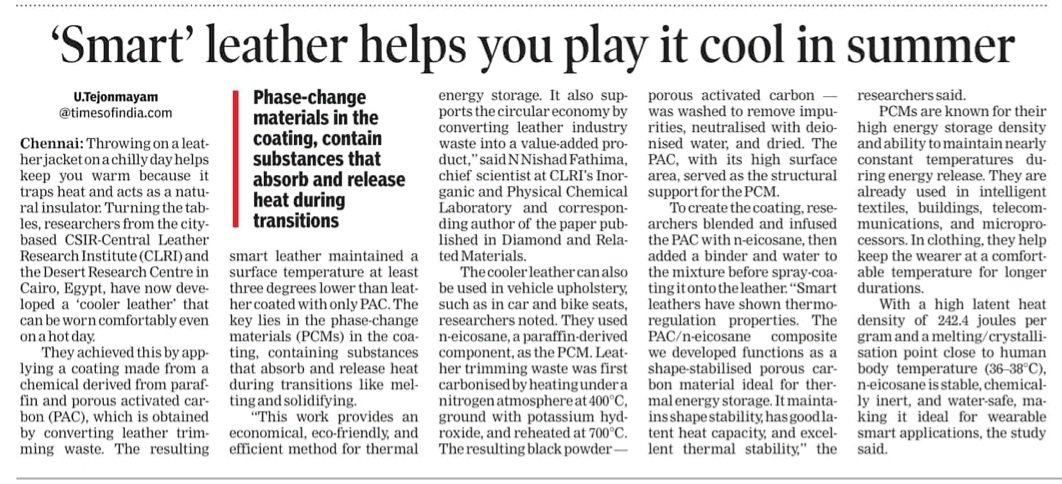 City researchers have developed 'smart &amp; cooler' leather from tannery waste suitable for tropical summers <a href="/PMOIndia/">PMO India</a> <a href="/CSIR_IND/">CSIR, India</a> <a href="/clriindia/">CSIR-CLRI</a> <a href="/CSIRCSMCRI1/">CSIR-CSMCRI (Official)</a> <a href="/Tnpcbofficial/">Tamil Nadu Pollution Control Board</a> <a href="/CPCB_OFFICIAL/">Central Pollution Control Board</a> <a href="/ChennaiRains/">Chennai Rains (COMK)</a> <a href="/praddy06/">Tamil Nadu Weatherman</a>