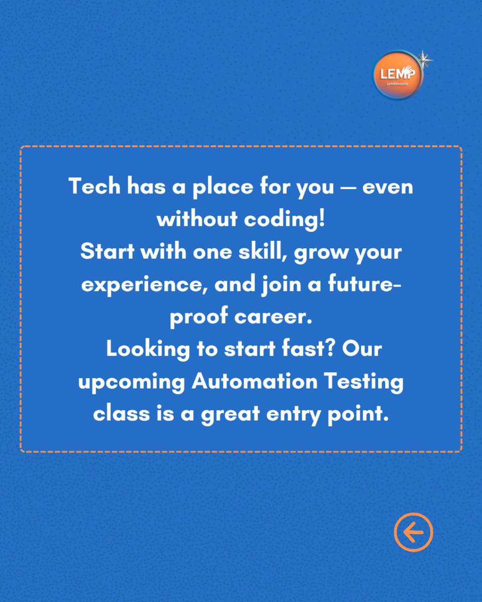 lyfebiteslemp's tweet image. Swipe through to discover 3 lucrative non-coding roles and how to get started.

Ready to break into tech? Our Automation Testing course this July is the perfect launchpad 🚀

2/2

#NoCodeTech #BreakIntoTech #SoftwareTesting #CareerSwitch #TechJobs #LyfebitesLEMP #WomenInTech