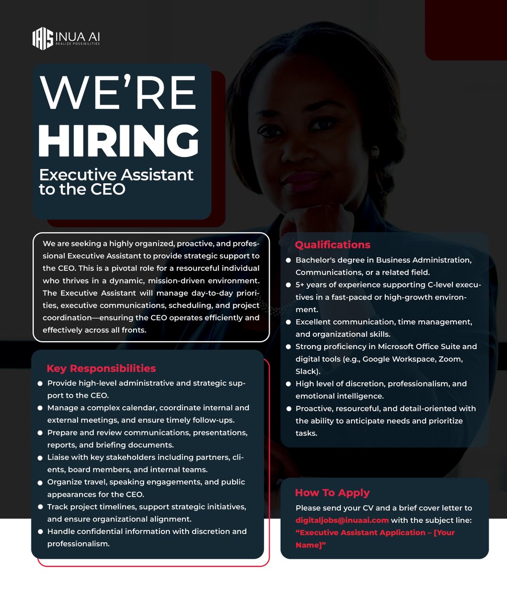 INUA_AI's tweet image. We’re hiring an Executive Assistant to the CEO (Remote, Nairobi-based).
Support strategic operations, manage communication, and help drive impact.
Apply via: digitaljobs@inuaai.com
Subject: Executive Assistant Application – [Your Name]

#RemoteJobsKenya #ExecutiveAssistant…