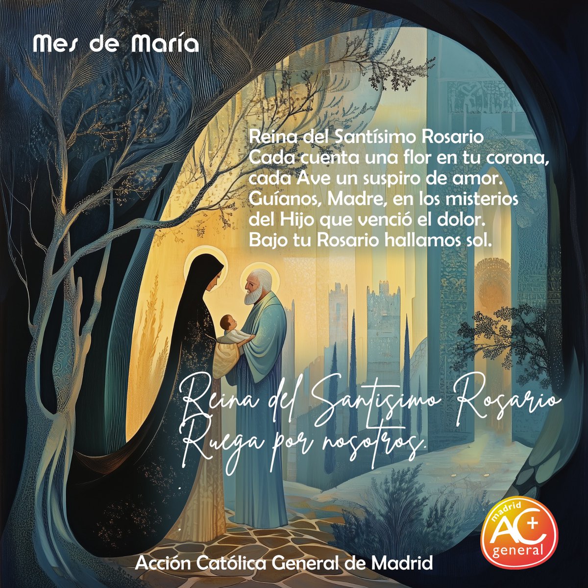 Reina del Santísimo Rosario
Cada cuenta una flor en tu corona,
cada Ave un suspiro de amor.
Guíanos, Madre, en los misterios
del Hijo que venció el dolor.
Bajo tu Rosario hallamos sol.

Reina del Santísimo Rosario
Ruega por nosotros.