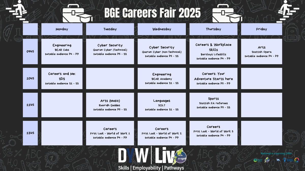 DYWLive (@dywlive) on Twitter photo NEXT WEEK!
Hear from the industry experts about their careers and pathways during our BGE Careers Fair
🔗e-sgoil.com/dyw-live/event……
<a href="/eSgoil/">e-Sgoil</a>
<a href="/EducationScot/">Education Scotland</a>
<a href="/ESskills/">EdScotSkills3-18</a>
#NeLO
<a href="/DYWScot/">DYW Scotland</a> NEXT WEEK!
Hear from the industry experts about their careers and pathways during our BGE Careers Fair
🔗e-sgoil.com/dyw-live/event……
<a href="/eSgoil/">e-Sgoil</a>
<a href="/EducationScot/">Education Scotland</a>
<a href="/ESskills/">EdScotSkills3-18</a>
#NeLO
<a href="/DYWScot/">DYW Scotland</a>
