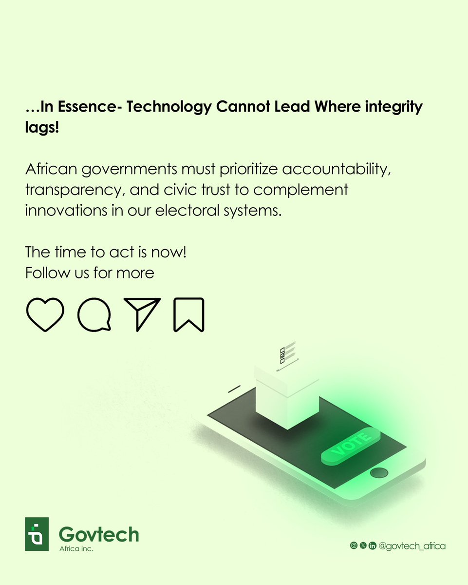 govtech_africa's tweet image. In essence- technology cannot lead where integrity lags!

African governments must prioritize accountability, transparency, and civic trust to complement innovations in our electoral systems.

#ElectionTechnology
#Democracy #DigitalDemocracy
#DigitalGovernance
#GovTechAfrica