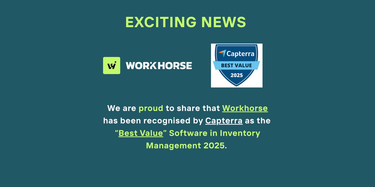 MAJOR ANNOUNCEMENT
We are incredibly proud to share that Workhorse has been recognised by Capterra as the “Best Value” Software in Inventory Management 2025.
#Workhorse #Capterra #BestValue #SoftwareRecognition #InventoryManagement #CustomerTrust #TeamAchievement