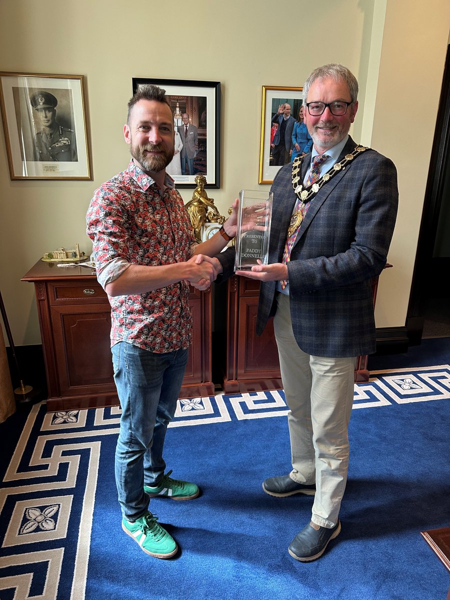 Mayor, Alderman William McCaughey, recently welcomed author &amp; illustrator Paddy Donnelly to the Mayor's Parlour at The Braid to present him with a winner's trophy as the Top Children’s Author elections in Mid &amp; East Antrim as part of Council's #DemocracyWeek activities.