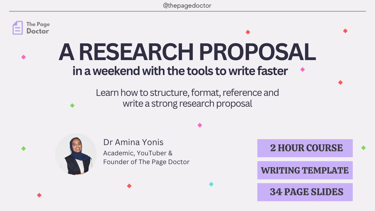 Write your research proposal in one weekend with this 2-hour course:

1 The stages of writing 
2 Developing a research idea 
3 Using AI for efficient writing 
4 Gap in literature argument map 
5 Structure and writing the proposal 

👉🏽 Get access here - thepagedoctor.gumroad.com/l/thesiswritin…