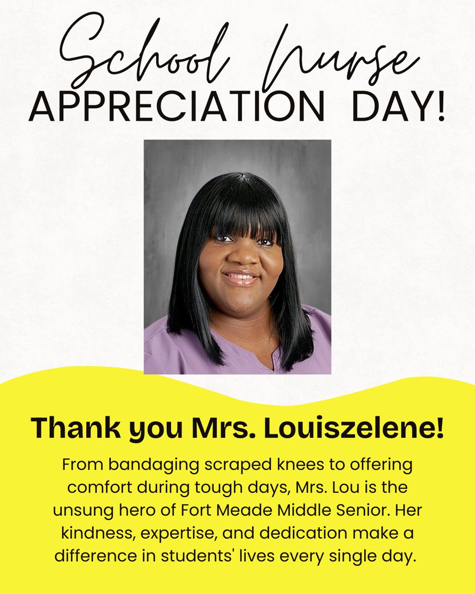 Fort Meade Mid/Sen (@fmmshs) on Twitter photo Behind every healthy student is a school nurse who cares, listens, and provides support when needed most. A reassuring smile, expert medical care, or just a bandage for the smallest scrape, their impact is immeasurable. Thank you Mrs. Louisezelene for all you do at FMMSHS! Behind every healthy student is a school nurse who cares, listens, and provides support when needed most. A reassuring smile, expert medical care, or just a bandage for the smallest scrape, their impact is immeasurable. Thank you Mrs. Louisezelene for all you do at FMMSHS!