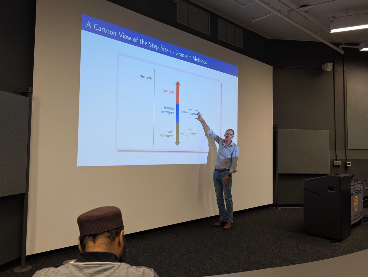 Gautam Kamath (@thegautamkamath) on Twitter photo We were very lucky to have Peter Bartlett visit <a href="/UWCheritonCS/">Waterloo's Cheriton School of Computer Science</a> and give a Distinguished Lecture on "Gradient Optimization Methods: The Benefits of a Large Step-size." Very interesting and surprising results.
(Recording will be available eventually) We were very lucky to have Peter Bartlett visit <a href="/UWCheritonCS/">Waterloo's Cheriton School of Computer Science</a> and give a Distinguished Lecture on "Gradient Optimization Methods: The Benefits of a Large Step-size." Very interesting and surprising results.
(Recording will be available eventually)