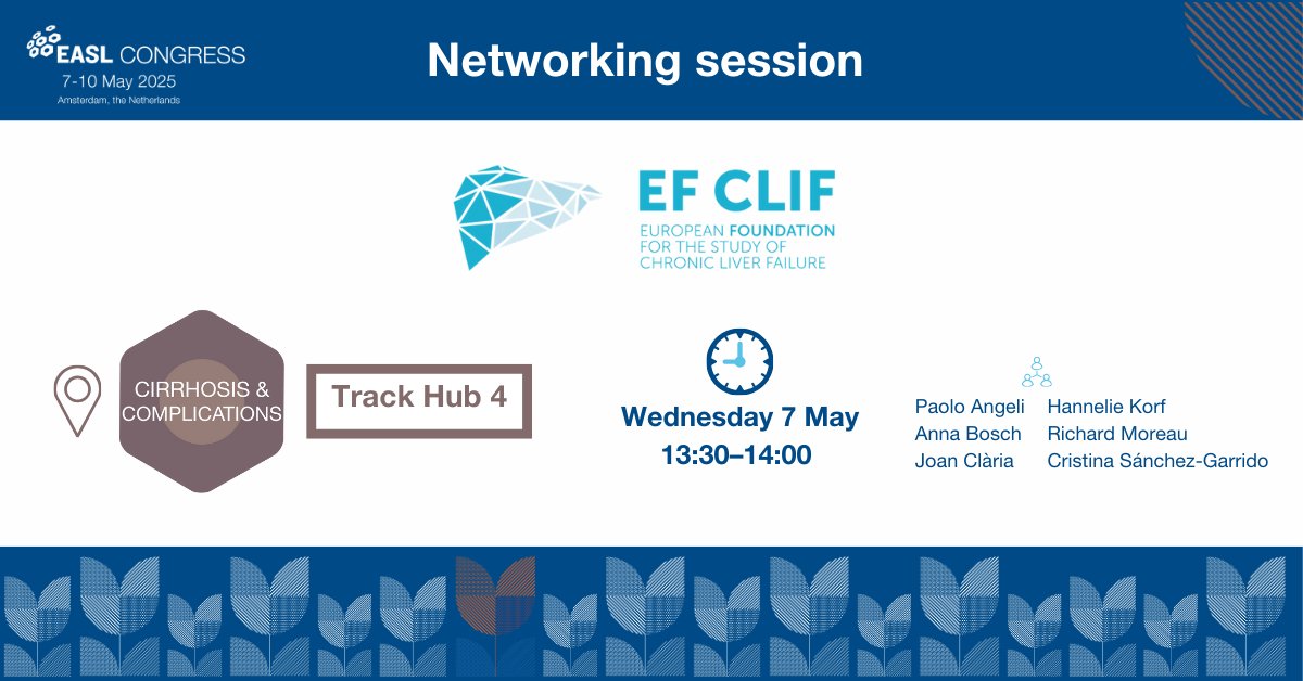 EASLnews (@easlnews) on Twitter photo The networking session with <a href="/ef_clif/">Eur. Fdn. for the Study of Chronic Liver Failure</a> will start soon! Head over Track Hub 4 (Cirrhosis & Complications) at 13:30!
Meet <a href="/ProfPaoloAngeli/">Paolo Angeli</a>, Anna Bosch, Joan Clària, Hannelie Korf, Richard Moreau, & Cristina Sánchez-Garrido!
#EASLCongress The networking session with <a href="/ef_clif/">Eur. Fdn. for the Study of Chronic Liver Failure</a> will start soon! Head over Track Hub 4 (Cirrhosis & Complications) at 13:30!
Meet <a href="/ProfPaoloAngeli/">Paolo Angeli</a>, Anna Bosch, Joan Clària, Hannelie Korf, Richard Moreau, & Cristina Sánchez-Garrido!
#EASLCongress