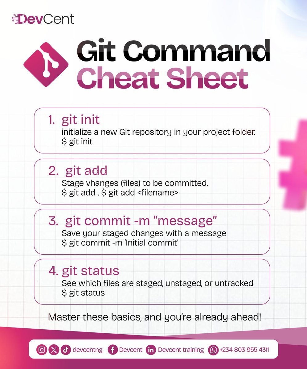 DevcentNg's tweet image. Starting with Git?
Here are 4 must-know commands for beginners.
Master these and you’re already ahead!
#GitBasics #DevCent #CodingTips #VersionControl #GitCheatSheet #LearnToCode #TechTips
