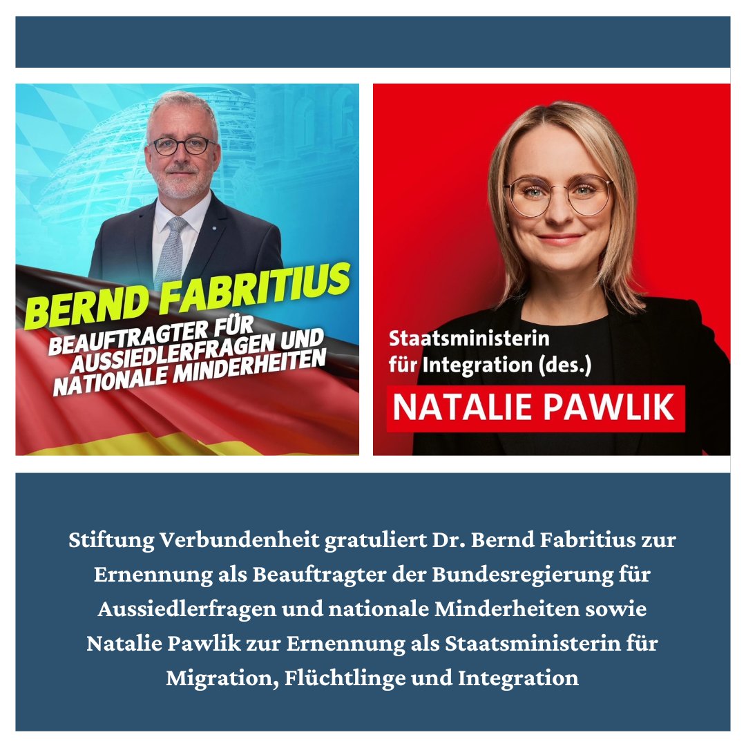 Stiftung Verbundenheit gratuliert Dr. Bernd #Fabritius zur Ernennung als Beauftragter der Bundesregierung für #Aussiedlerfragen und nationale #Minderheiten sowie Natalie #Pawlik zur Ernennung als Staatsministerin für Migration, Flüchtlinge und Integration

Mit dem