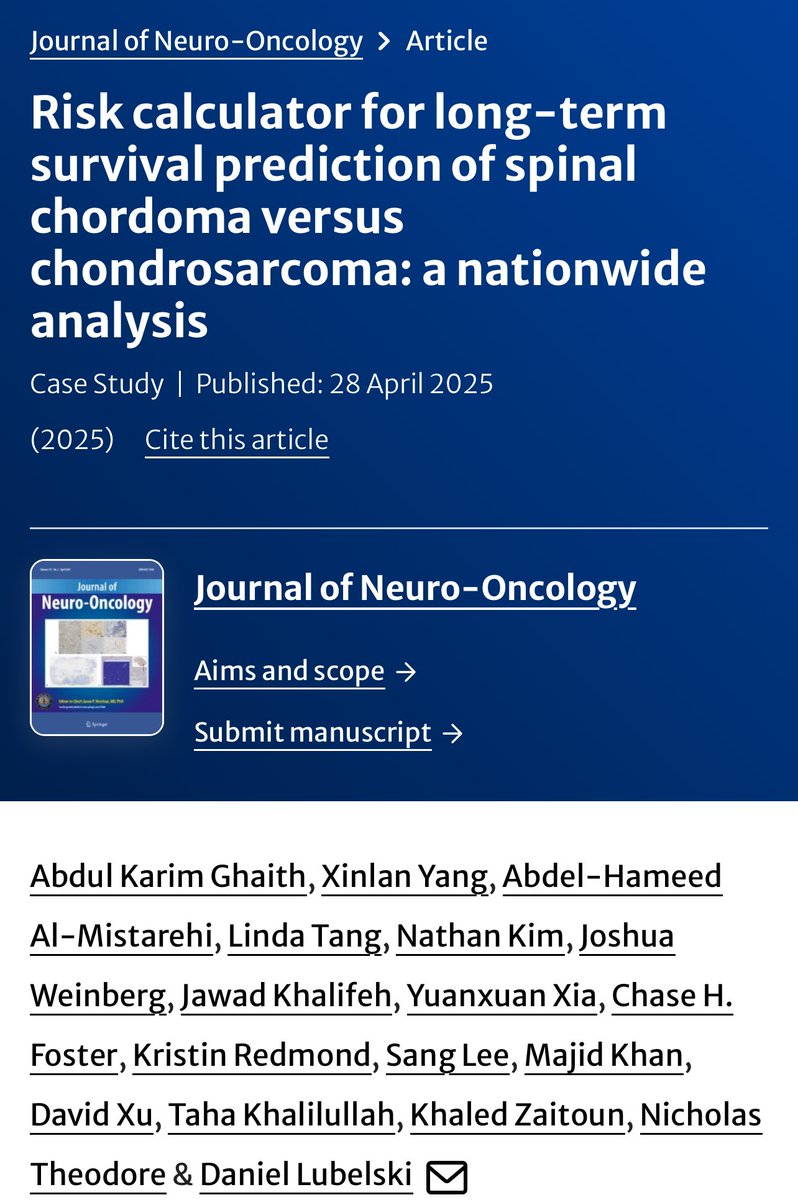 Abdul Karim Ghaith,MD,PhD (@abdul_ghaith) on Twitter photo Proud to share our new publication in the Journal of Neuro-Oncology! We developed a machine learning-based risk calculator to predict long-term survival in patients with spinal chordoma and chondrosarcoma.
#Neurosurgery #AI #SpineTumors #Chordoma #Chondrosarcoma <a href="/JNeurooncol/">Journal of Neuro-Oncology</a> Proud to share our new publication in the Journal of Neuro-Oncology! We developed a machine learning-based risk calculator to predict long-term survival in patients with spinal chordoma and chondrosarcoma.
#Neurosurgery #AI #SpineTumors #Chordoma #Chondrosarcoma <a href="/JNeurooncol/">Journal of Neuro-Oncology</a>