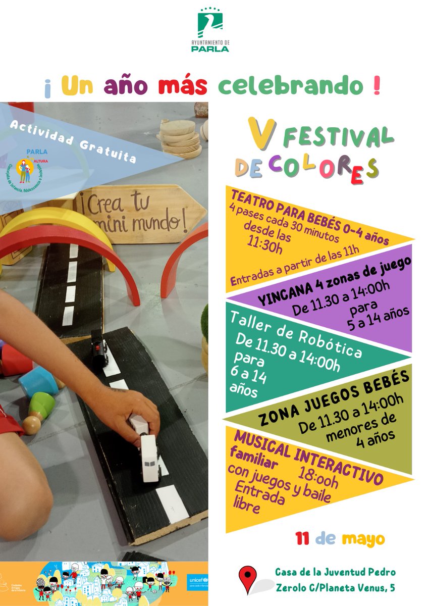 🟡🔵Os invitamos a celebrar el FESTIVAL DE COLORES🟢🔴, una actividad gratuita para disfrutar de juegos, talleres y espectáculo musical 🎤con la familia. 
📅 Domingo 11 de mayo
📍 Casa de la Juventud
🕘 Desde las 11:30h