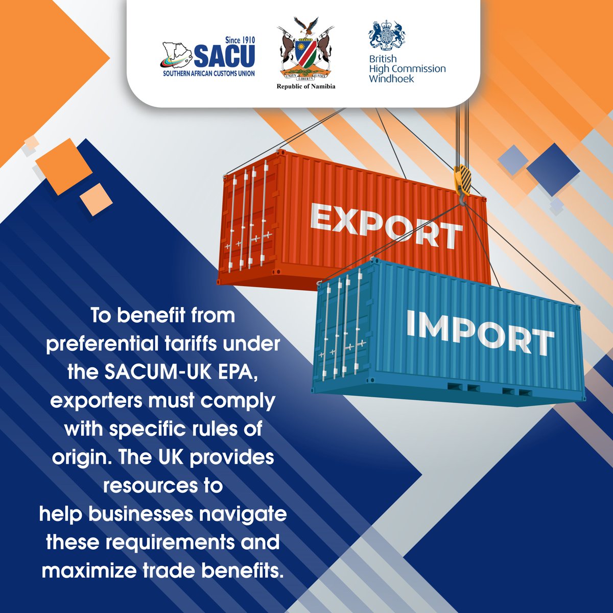 Did you know? 

Preferential tariffs are available to Namibian businesses under the SACUM-UK EPA. By meeting rules of origin, local businesses can maximize on trade benefits! 

Learn more here: gov.uk/guidance/get-p…

#GoFarGoTogether
