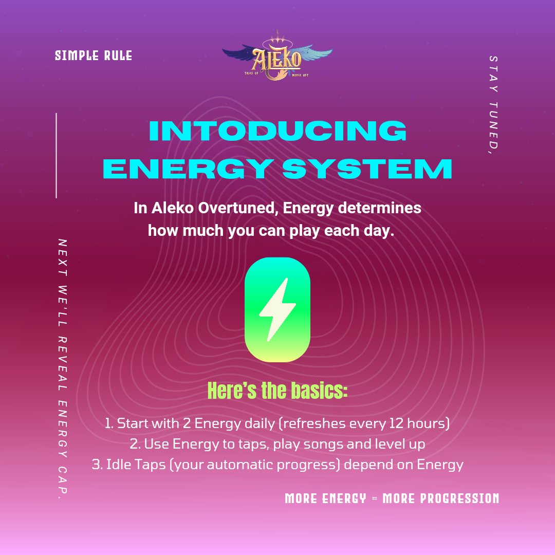 talesofaleko's tweet image. Introducing the Energy System in Aleko Overtuned!
Your gameplay now runs on Energy—refreshing every 12 hours, it’s the key to tapping, leveling up, and progressing through the rhythm.

#TalesOfAleko #RhythmGames #RhythmMasters #GamingCommunity #Gamefi #Web3 #NFTs #Web3Games…