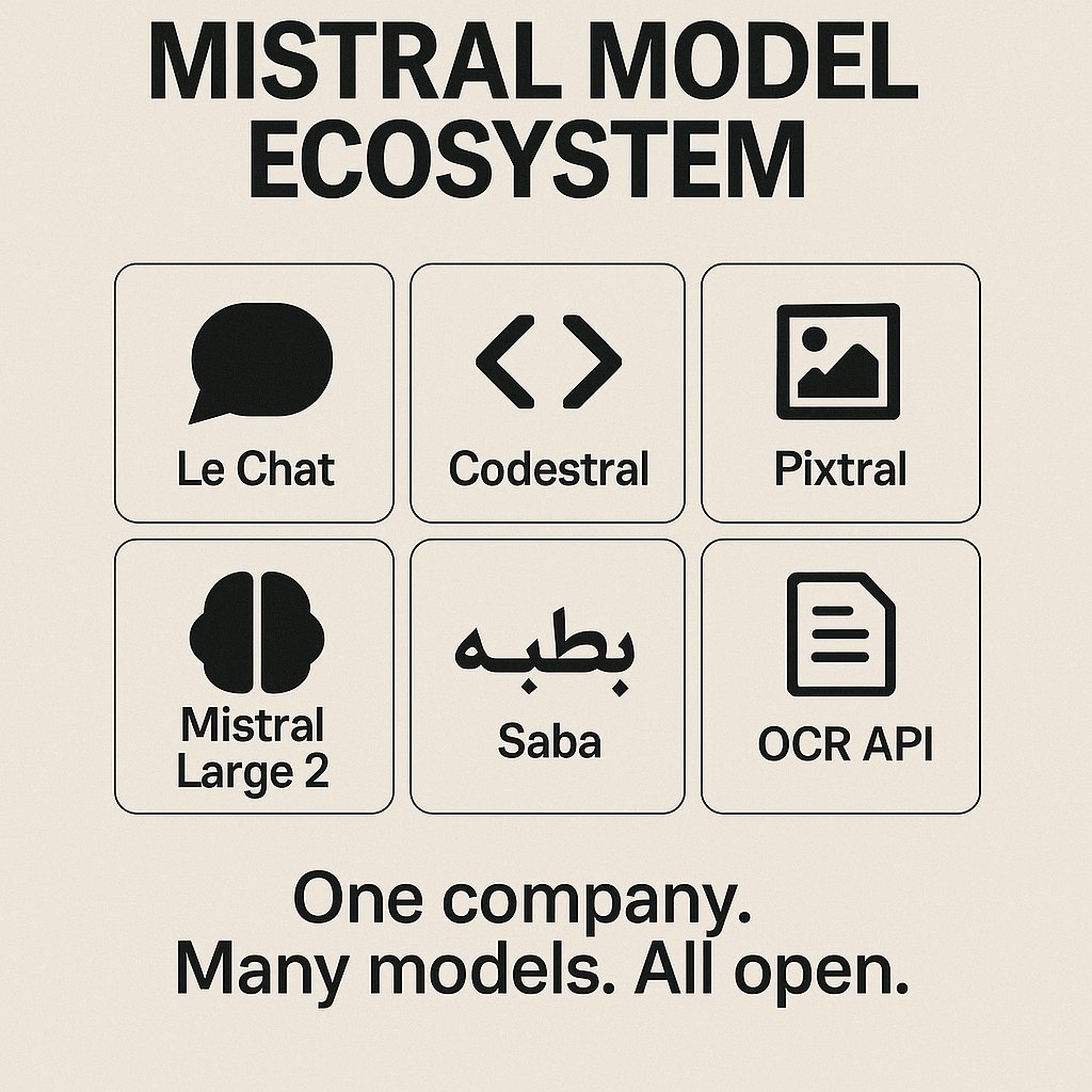 aihunters_io's tweet image. What’s inside the Mistral ecosystem?

🔹 Le Chat (Chatbot)
🔹 Mistral Large 2 (GPT-4 class)
🔹 Codestral (Code generation)
🔹 Pixtral (Multimodal)
🔹 Saba (Arabic LLM)
🔹 OCR &amp;amp; Low-res models too

All open. All accelerating.
#ModelZoo #OpenSourceLLM