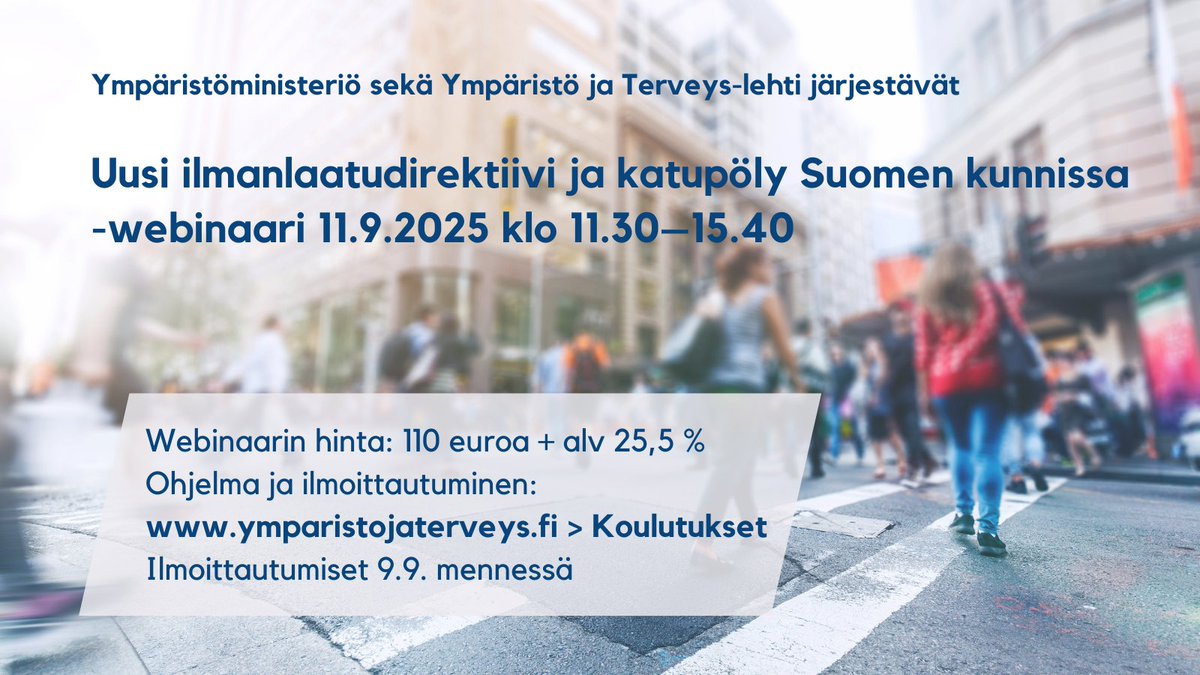 Ympäristöministeriö sekä Ympäristö ja Terveys-lehti järjestävät 11.9. webinaarin Uusi ilmanlaatudirektiivi ja katupöly Suomen kunnissa. Ohjelma ja ilmoittautuminen: ymparistojaterveys.fi/koulutukset/
#ilmanlaatu #katupöly