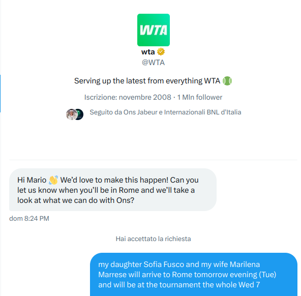 mariofusco's tweet photo. A social network success story in 4 acts.

A warm thank you to @Ons_Jabeur, @WTA and @InteBNLdItalia to make this happen 🙏

PS: I never had well understood why my daughter is a so passionate @Ons_Jabeur supporter. Now I know ❤️ https://t.co/WDlKv79zur