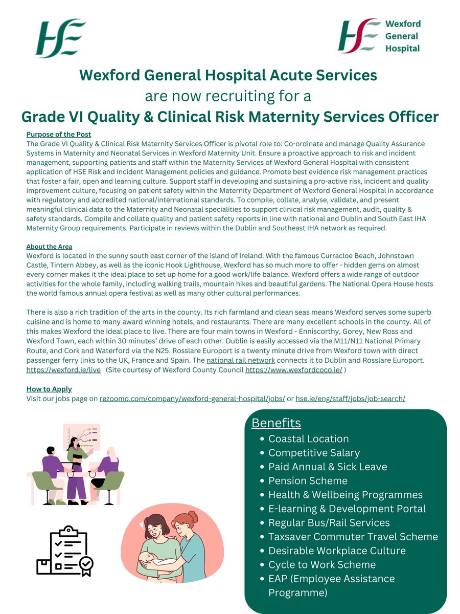 Job opportunity! <a href="/WexGenHosp/">Wexford General Hospital</a> as part of <a href="/HSEDubSouthEast/">HSE Dublin and South East</a> Region are recruiting for a Grade VI - Quality &amp; Clinical Risk Maternity Services Officer.

Deadline for completed application forms is Tuesday 20th May 2025 @ 15:00 p.m.

Further information @ rezoomo.com/job/79327/